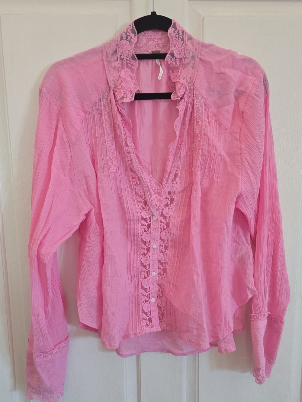 Free People Pink Lace-Trim Button Front Blouse